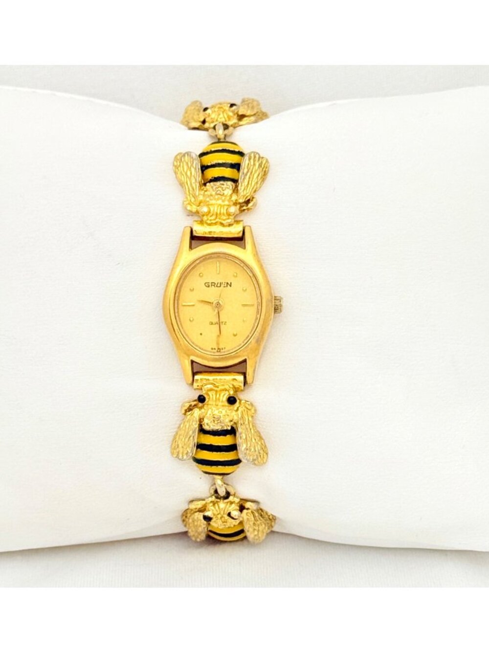 Gruen Gold Tone Bee Motif Women's Quartz Watch Enameled Bee Bracelet New Battery